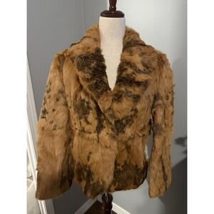 VTG Dino Ricco Bomber Jacket Womens M Genuine Rabbit Fur Retro Collar Patch Coat